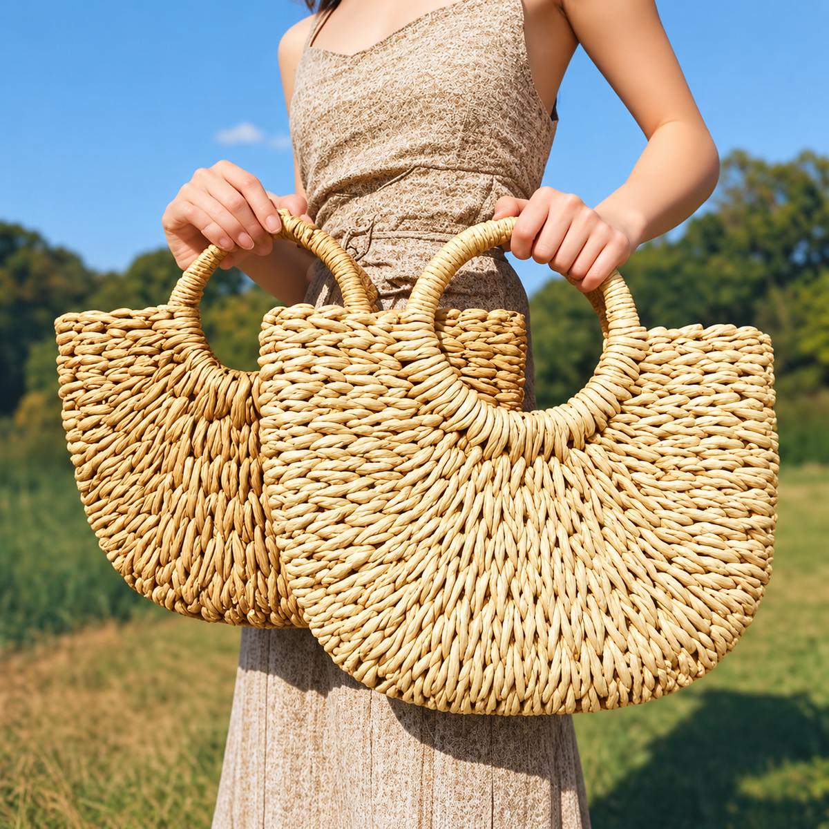 Women's Fan Shaped Woven Straw Tote Bag, Natural Fiber Beach Handbag for Vacation, Picnic & Outdoor Use