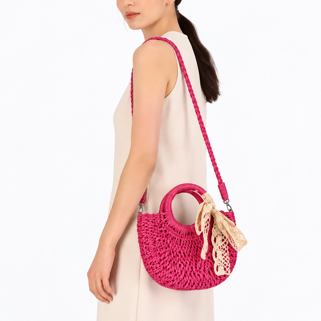 Women's Woven Straw Basket Bag, Half Moon Crossbody Shoulder Bag with Bow Detail for Travel & Casual Use