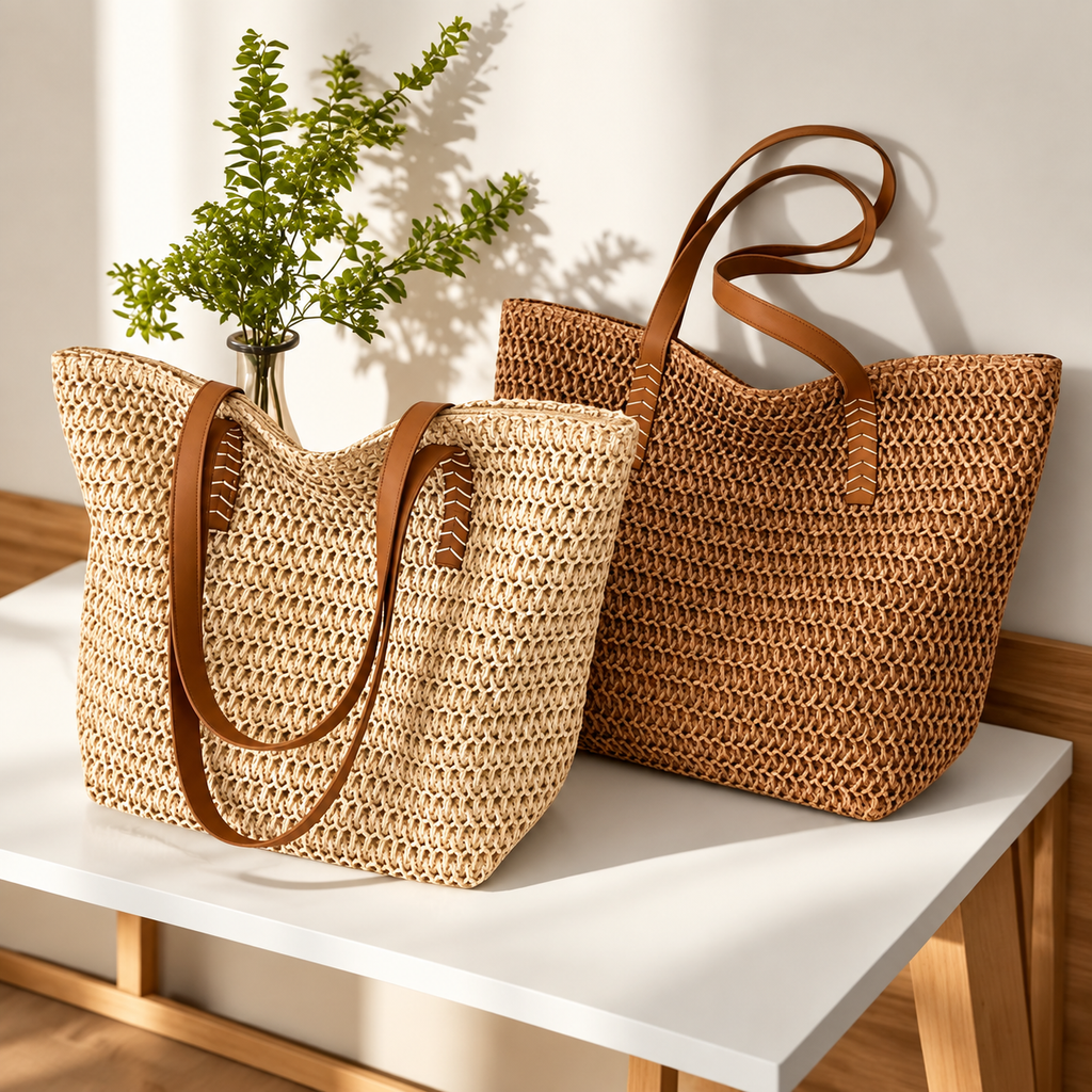 Women's Woven Tote Bag with Zipper Closure, Large Capacity Handbag for Travel, Beach & Daily Use