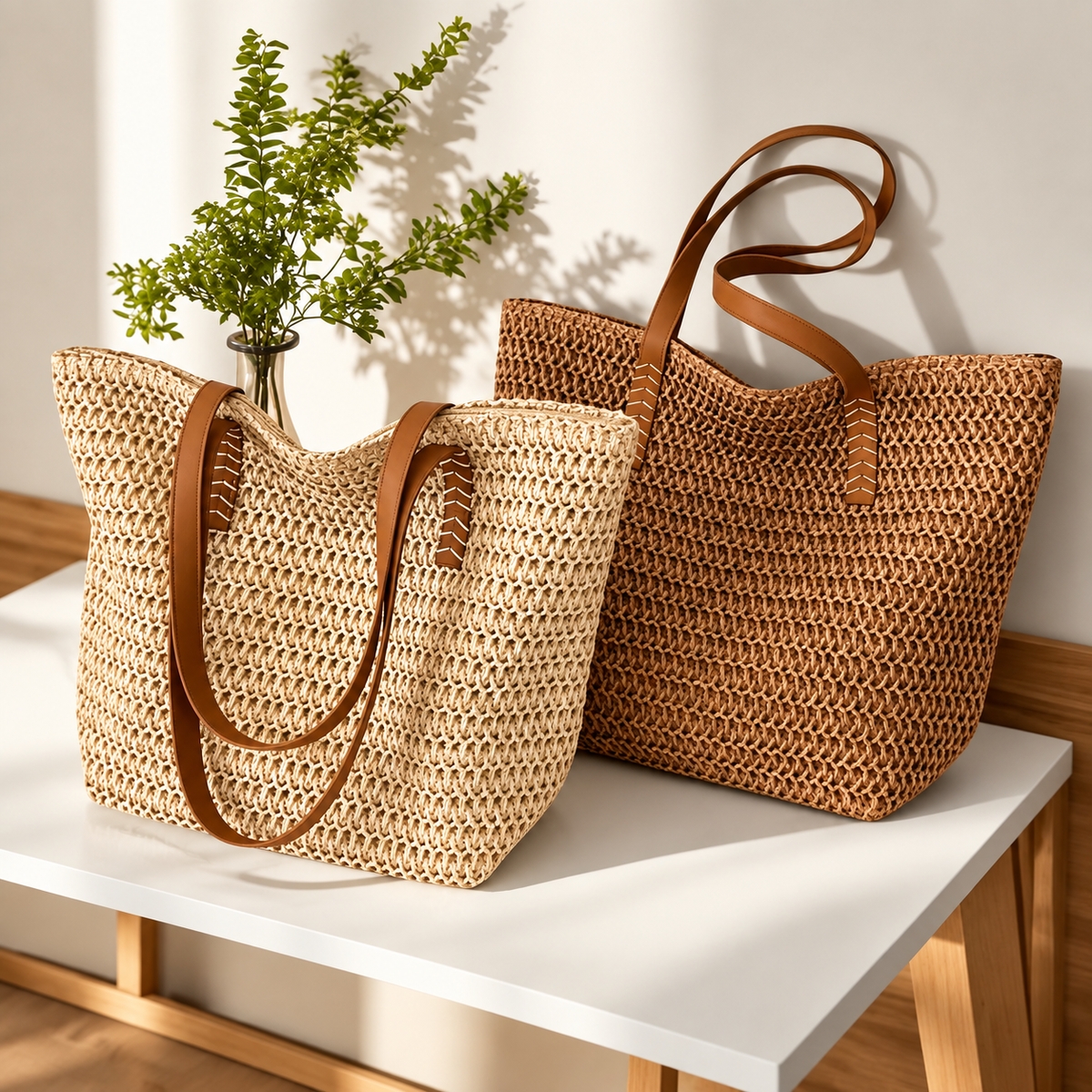 Women's Woven Tote Bag with Zipper Closure, Large Capacity Handbag for Travel, Beach & Daily Use