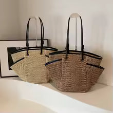 Handmade Woven Straw Tote Bag for Women, Large Capacity Basket Shoulder Bag with Drawstring Closure for Beach, Travel & Daily Use