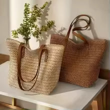 Women's Woven Tote Bag with Zipper Closure, Large Capacity Handbag for Travel, Beach & Daily Use