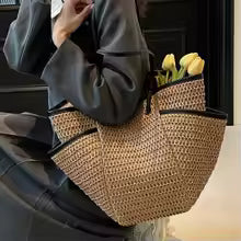 Handmade Woven Straw Tote Bag for Women, Large Capacity Basket Shoulder Bag with Drawstring Closure for Beach, Travel & Daily Use