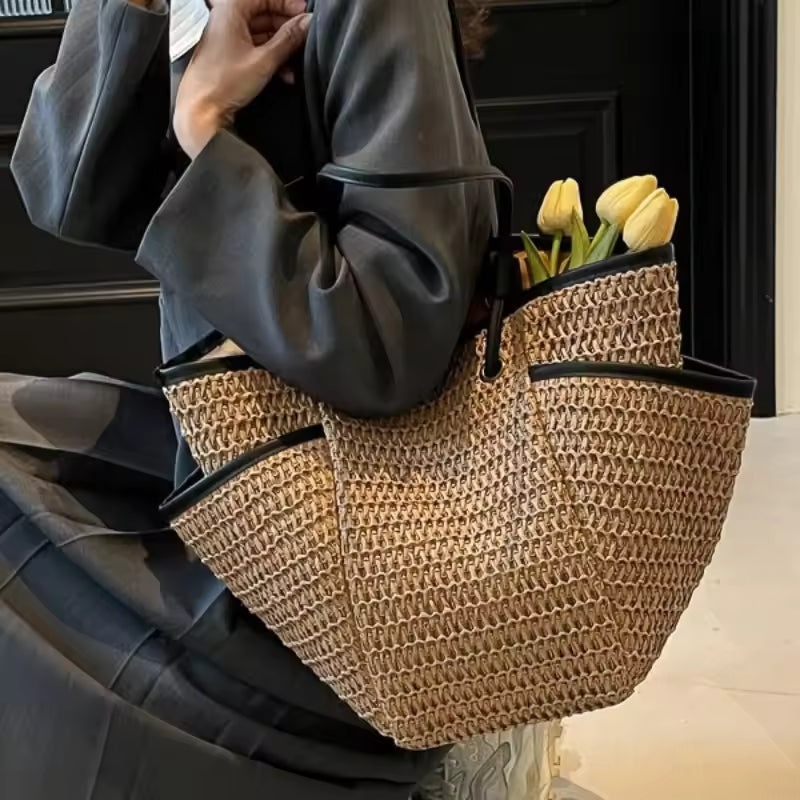 Handmade Woven Straw Tote Bag for Women, Large Capacity Basket Shoulder Bag with Drawstring Closure for Beach, Travel & Daily Use