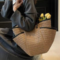 Handmade Woven Straw Tote Bag for Women, Large Capacity Basket Shoulder Bag with Drawstring Closure for Beach, Travel & Daily Use