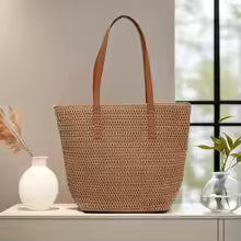 Women's Woven Tote Bag with Zipper Closure, Large Capacity Handbag for Travel, Beach & Daily Use
