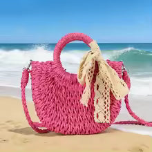 Women's Woven Straw Basket Bag, Half Moon Crossbody Shoulder Bag with Bow Detail for Travel & Casual Use