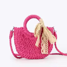 Women's Woven Straw Basket Bag, Half Moon Crossbody Shoulder Bag with Bow Detail for Travel & Casual Use