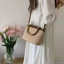 Women's Straw Woven Bucket Bag with Bamboo Handle, Crossbody Shoulder Bag for Beach, Travel & Summer Daily Use
