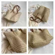 Women's Woven Tote Bag with Zipper Closure, Large Capacity Handbag for Travel, Beach & Daily Use