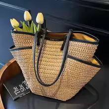 Handmade Woven Straw Tote Bag for Women, Large Capacity Basket Shoulder Bag with Drawstring Closure for Beach, Travel & Daily Use