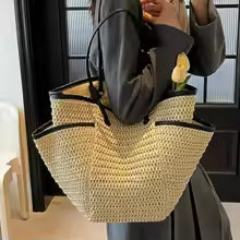 Handmade Woven Straw Tote Bag for Women, Large Capacity Basket Shoulder Bag with Drawstring Closure for Beach, Travel & Daily Use