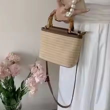 Women's Straw Woven Bucket Bag with Bamboo Handle, Crossbody Shoulder Bag for Beach, Travel & Summer Daily Use