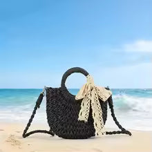 Women's Woven Straw Basket Bag, Half Moon Crossbody Shoulder Bag with Bow Detail for Travel & Casual Use