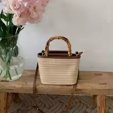 Women's Straw Woven Bucket Bag with Bamboo Handle, Crossbody Shoulder Bag for Beach, Travel & Summer Daily Use