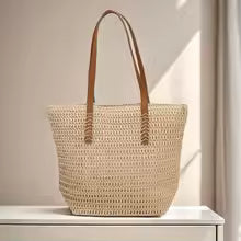 Women's Woven Tote Bag with Zipper Closure, Large Capacity Handbag for Travel, Beach & Daily Use