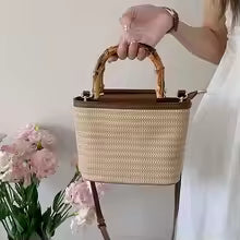 Women's Straw Woven Bucket Bag with Bamboo Handle, Crossbody Shoulder Bag for Beach, Travel & Summer Daily Use