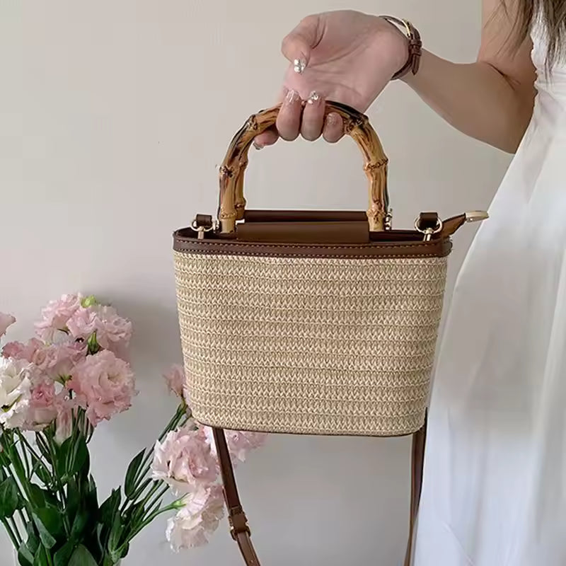 Women's Straw Woven Bucket Bag with Bamboo Handle, Crossbody Shoulder Bag for Beach, Travel & Summer Daily Use