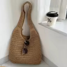 Women's Woven Straw Tote Bag, Large Capacity Rattan Shoulder Handbag with Adjustable Strap for Beach, Travel & Summer Use