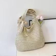 Women's Woven Straw Tote Bag, Large Capacity Rattan Shoulder Handbag with Adjustable Strap for Beach, Travel & Summer Use